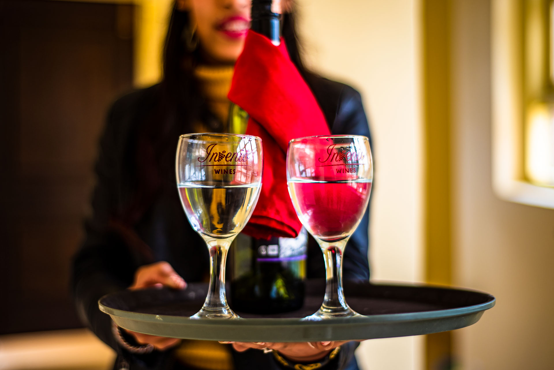 Wine served on a tray at Kaushi Restaurant